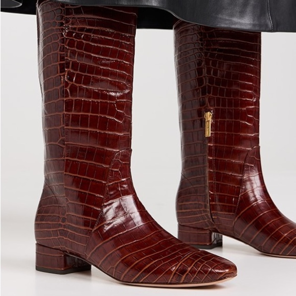 Veronica Beard Rich Brown Croc-Embossed Heeled Boots